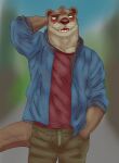  absurd_res anthro blurred_background blush brown_eyes clothed clothing echo_(game) echo_(series) echo_project embarrassed hand_behind_head hand_in_pocket hi_res humanoid jacket looking_away lutrine lwitch7 male mammal muscular mustelid pockets raised_arm solo the_smoke_room todd_bronson topwear video_games visual_novel 