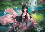  1girl absurdres aclassical animal_ears bare_legs black_hair closed_mouth douluo_dalu flower grass hair_ornament high_heels highres long_hair moss nature outdoors outstretched_hand petals rabbit_ears rock sitting solo text_censor water waterfall white_flower xiao_wu_(douluo_dalu) 