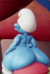  2022 3d_(artwork) animated balls big_butt blue_body bouncing_butt butt clothing digital_media_(artwork) genitals hat headgear headwear huge_butt humanoid looking_away male mostly_nude oldsoup sitting smurf solo the_smurfs thick_thighs wide_hips 