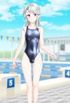  1girl alternate_costume asymmetrical_bangs bangs blue_one-piece_swimsuit blue_sky breasts cameltoe commentary_request competition_swimsuit covered_navel day feet_out_of_frame grey_hair highleg highleg_swimsuit highres kantai_collection lane_line long_hair one-piece_swimsuit outdoors pennant pool poolside purple_eyes sagiri_(kancolle) sky small_breasts solo standing starting_block string_of_flags swept_bangs swimsuit takafumi 