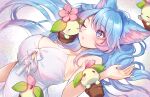  1girl animal_ear_fluff animal_ears bangs blue_eyes blue_hair blush breasts cleavage commission eyes_visible_through_hair highres large_breasts long_hair looking_at_viewer multicolored_hair one_eye_closed open_mouth pink_hair piroshiki123 shirt silvervale skeb_commission streaked_hair swept_bangs vshojo white_shirt wolf_ears wolf_girl 