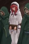  1girl 2boys absurdres blurry commission depth_of_field dress faceless faceless_male fire_emblem fire_emblem:_mystery_of_the_emblem fire_emblem:_shadow_dragon_and_the_blade_of_light green_robe hazuki_(nyorosuke) highres hood jewelry lena_(fire_emblem) long_dress long_hair long_sleeves multiple_boys necklace red_eyes red_hair restrained robe skeb_commission solo_focus stocks veil white_dress wide_sleeves 