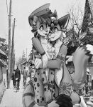  absurd_res anthro armband asian_clothing black_and_white bmashina canid canine clothing cute_expression east_asian_clothing edit embrace eyewear felid fleurfurr fox hat headgear headwear hi_res hug hybrid japanese_clothing japanese_text male male/male mammal military_cap monochrome pantherine rising_sun sunglasses text tiger world_war_2 