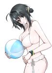 1girl absurdres ahoge arknights ass ball bangs bare_arms bare_shoulders beachball bikini black_eyes black_hair bracelet breasts cleavage cowboy_shot frilled_sleeves frills from_side hair_bun hair_intakes hair_ornament hairclip highres holding holding_ball infection_monitor_(arknights) jewelry la_pluma_(arknights) la_pluma_(summer_flowers)_(arknights) large_breasts looking_at_viewer looking_to_the_side official_alternate_costume open_mouth short_hair simple_background single_hair_bun single_side_bun solo swimsuit white_background white_bikini wing_hair_ornament yuki_nko64 