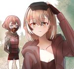  2girls ahoge anya_melfissa bangs black_camisole black_shorts braid braided_bangs brown_eyes brown_hair brown_hoodie camisole fingerless_gloves flo_ni08 forest gloves green_hoodie holocouncil hololive hololive_english hololive_indonesia hood hoodie looking_at_viewer macartura08 mask mouth_mask multicolored_hair multiple_girls nanashi_mumei nature official_alternate_costume purple_eyes rust_(game) short_hair shorts smile streaked_hair tree virtual_youtuber 