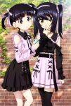  2girls :o absurdres arm_at_side bangs belt black_eyes black_hair black_shirt black_skirt blunt_bangs brick_wall brown_hair cellphone collarbone frilled_shirt frilled_skirt frills girls_und_panzer hair_ornament hair_ribbon hairband hand_to_own_mouth highres holding holding_phone lolita_fashion long_hair looking_at_viewer megami_magazine multiple_girls official_art open_mouth phone pleated_skirt purple_shirt purple_skirt reizei_mako ribbon scan shirt short_hair skirt smartphone sono_midoriko standing thighhighs twintails zettai_ryouiki 