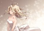  1girl ahoge bangs bare_arms bare_shoulders blonde_hair breasts cleavage closed_eyes collarbone commentary_request dress grey_background long_hair medium_breasts original parted_lips pink_lips silversnow solo strapless strapless_dress upper_body white_dress 