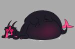  3_eyes 6_legs belly big_belly black_body black_fur bodily_fluids bovid caprine demon drooling female floppy_ears foamytail fur glowing glowing_eyes goat hair hi_res horn hyper hyper_belly inflation lying mammal multi_eye on_front onomatopoeia red_body red_eyes red_fur rumbling_stomach saliva short_hair solo sound_effects taur tears text unusual_anatomy 