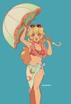  1girl bangs bare_arms bikini blonde_hair blue_background breasts cleavage earrings eyewear_on_head feet_out_of_frame flower hair_flower hair_ornament hand_up highres holding holding_umbrella jewelry lei long_hair mario_(series) medium_breasts midriff navel open_mouth parasol pink_bikini princess_peach sarong sidelocks softp3ach solo swimsuit umbrella wavy_hair 