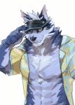  abs aloha_shirt anthro blue_body blue_fur canid canine canis clothed clothing fur hat headgear headwear lifewonders male mammal muscular muscular_anthro open_clothing open_shirt open_topwear pattern_clothing pattern_shirt pattern_topwear pecs shirt solo tindalos_(tas) tobenaibuka tokyo_afterschool_summoners topwear video_games visor_cap wolf 