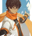  1boy a_(user_vtsy8742) blush border brown_eyes brown_hair dark-skinned_male dark_skin glasses highres jacket male_focus scarf taion_(xenoblade) twitter_username upper_body white_border white_jacket xenoblade_chronicles_(series) xenoblade_chronicles_3 zipper 