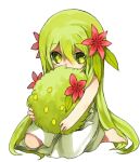  1girl bangs bare_shoulders barefoot child commentary covered_mouth dress english_commentary feet female_child flower from_behind full_body green_eyes green_hair green_theme hair_between_eyes hair_flower hair_ornament holding holding_pokemon hug long_hair looking_at_viewer personification pokemon pokemon_(creature) puddingx2 red_flower shaymin shaymin_(land) sidelocks simple_background sitting sleeveless sleeveless_dress very_long_hair white_background white_dress 