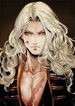  1boy alucard_(castlevania) bangs bishounen black_background black_jacket black_shirt blood blood_on_face castlevania collarbone curly_hair grey_hair jacket long_hair looking_at_viewer male_focus open_clothes open_jacket parted_bangs pectorals portrait scar scar_on_chest shirt solo vhyrel yellow_eyes 