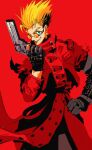  1boy black_gloves black_hair blonde_hair coat ear_piercing gloves gun highres holding holding_gun holding_weapon long_coat mole mole_under_eye one_eye_closed ooo_mtk piercing red_background red_coat simple_background smile solo trigun vash_the_stampede weapon 