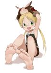  1girl :d absurdres aomoro armpits backless_shirt bangs bare_legs bare_shoulders barefoot blonde_hair brown_shirt brown_shorts collarbone creature creature_on_head feet foot_focus fur glasses green_eyes highres long_hair looking_at_viewer low_twintails made_in_abyss meinya_(made_in_abyss) open_mouth parted_bangs riko_(made_in_abyss) scar scar_on_cheek scar_on_face shadow shirt short_shorts shorts signature simple_background sitting smile soles toes twintails whistle whistle_around_neck white_background 