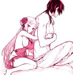  1boy 1girl breasts chinese_clothes dudou flower groin hair_flower hair_ornament hair_ribbon height_difference highres hug hug_from_behind komu_(360) large_breasts long_hair looking_away monochrome on_bed original raised_eyebrows red_theme ribbon sideboob simple_background sitting thick_eyebrows topless_male two_side_up underwear underwear_only very_long_hair white_background 