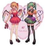  2girls :d absurdres adapted_costume alternate_hairstyle black_bow black_bowtie black_footwear black_thighhighs blonde_hair bow bowtie character_name crystal flandre_scarlet floral_print frilled_sleeves frills full_body green_eyes green_skirt hair_between_eyes head_tilt heart heart_background heart_of_string high_heels highres holding holding_knife holding_phone holding_stuffed_toy knife komeiji_koishi looking_at_viewer multiple_girls one_side_up open_mouth phone pink_background puffy_short_sleeves puffy_sleeves qiu_ju red_skirt rose_print shirt short_hair short_sleeves skirt smile standing stuffed_animal stuffed_toy teddy_bear teeth thighhighs third_eye tongue tongue_out touhou two_side_up typo upper_teeth white_thighhighs wings yellow_shirt 