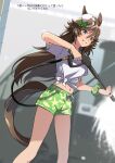  1girl animal_ears bangs blurry blurry_background breasts feet_out_of_frame gaze_on_me!_(umamusume) green_eyes hair_ornament hairclip halterneck hat horse_ears horse_girl horse_tail looking_at_viewer male_swimwear midriff mini_hat mini_top_hat misu_kasumi mr._c.b._(umamusume) navel open_mouth pressure_washer scrunchie shirt short_sleeves small_breasts smile solo standing swim_trunks tail teeth tied_shirt top_hat translation_request umamusume water white_shirt wrist_scrunchie 