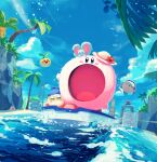  bandana bandana_waddle_dee blipper blush_stickers boat cloud colored_skin day elfilin foley_(kirby) glunk_(kirby) hat highres kirby kirby_(series) kirby_and_the_forgotten_land leaf mouthful_mode no_humans noddy_(kirby) o_o ocean open_mouth palm_tree pink_skin rock sand sky solid_oval_eyes star-shaped_eyewear straw_hat sunglasses suyasuyabi tree ufo_(kirby) water watercraft wet wind yellow-framed_eyewear 