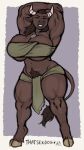  2022 anthro artist_name bandeau big_breasts big_muscles bottomwear bovid bovine breasts brown_body brown_fur brown_hair cleavage cleavage_overflow clothed clothing european_mythology eyes_closed female fur greek_mythology hair hi_res hooves horn horn_jewelry horn_ring huge_breasts huge_thighs jewelry loincloth mammal minotaur muscular muscular_anthro muscular_arms muscular_female muscular_thighs mythology necklace nihea_avarta pendant pubes ring_(jewelry) solo standing stretching thatsexdog thick_thighs topwear 
