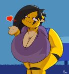  &lt;3 anthro big_breasts black_hair blowing_kiss bottomwear breasts cleavage clothed clothing facial_markings felid female hair half-closed_eyes head_markings hi_res huge_breasts huge_hips huge_thighs hyper hyper_breasts mammal markings narrowed_eyes pantherine parfait_(plaga) plaga purple_eyes shirt shorts solo thick_thighs tiger topwear wide_hips yellow_body 
