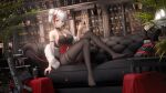  1girl absurdres alcohol antennae arknights arm_strap bangs bare_shoulders black_pantyhose bomb breasts commentary couch double_bun feather_boa full_body grey_hair gun hair_bun hand_up highres horns indoors knees_up large_breasts ling_dianxia looking_at_viewer no_shoes orange_eyes pantyhose rifle short_hair sitting sleeveless solo thighs w_(arknights) weapon whiskey 
