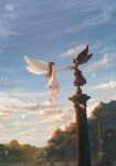  1girl absurdres angel angel_wings barefoot black_hair blue_sky chinese_commentary cloud commentary_request day dress flying highres hua_ming_wink long_hair nature original outdoors sky sleeveless sleeveless_dress solo statue white_dress wings 