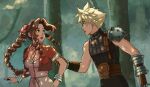  1boy 1girl aerith_gainsborough arm_grab armor bangle bangs belt blonde_hair blush bracelet braid braided_ponytail breasts brown_gloves brown_hair choker cleavage cloud_strife cropped_jacket dress earrings final_fantasy final_fantasy_vii forest gloves green_eyes hair_ribbon jacket jewelry long_hair looking_at_another looking_back medium_breasts multiple_belts nature open_mouth outdoors parted_bangs pink_dress pink_ribbon red_jacket ribbon short_hair short_sleeves shoulder_armor sidelocks single_earring sleeveless sleeveless_turtleneck softp3ach spiked_hair suspenders tree turtleneck wavy_hair 