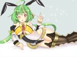  1girl ;o ahoge animal_ears asteriscus_(flower_knight_girl) black_thighhighs bow braid brooch crown_braid flower flower_knight_girl full_body gem green_hair grey_background groin hair_flower hair_ornament jewelry leotard long_hair looking_at_viewer lying on_side one_eye_closed open_mouth rabbit_ears red_eyes simple_background solo sparkle takamatsu_tsukasa thighhighs thighs twintails white_sleeves yellow_bow 