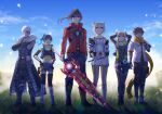  3boys 3girls animal_ears arms_behind_head bare_shoulders belt black_hair blonde_hair blue_sky brown_hair camisole cat_ears chest_jewel closed_mouth cloud collarbone crossed_arms eunie_(xenoblade) fiery_hair floating_hair flute fuwamoko_momen_toufu glasses glowing glowing_lines glowing_weapon grass head_wings highres holding holding_instrument holding_weapon instrument jacket lanz_(xenoblade) looking_afar looking_at_viewer midriff mio_(xenoblade) mountain multiple_boys multiple_girls noah_(xenoblade) ponytail scarf sena_(xenoblade) shaded_face sky standing sword taion_(xenoblade) weapon white_hair xenoblade_chronicles_(series) xenoblade_chronicles_3 