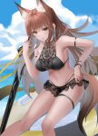  1girl :p absurdres animal_ear_fluff animal_ears arknights arm_strap bangs bare_arms bare_shoulders bikini black_bikini blue_sky breasts brown_eyes brown_hair cloud day feet_out_of_frame fox_ears fox_tail franka_(arknights) hand_up highres innertube large_breasts long_hair looking_at_viewer navel sky solo sthk stomach swimsuit tail thigh_strap thighs tongue tongue_out very_long_hair 