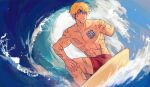  1boy amputee blonde_hair blue_eyes hang_nim_159 happy highres scar scar_on_arm scar_on_chest scar_on_leg solo surf surfing trigun vash_the_stampede water wet wet_face wet_hair 