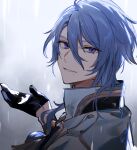  1boy bangs black_gloves blue_hair commentary_request genshin_impact gloves hair_between_eyes japanese_clothes kamisato_ayato long_sleeves looking_at_viewer male_focus mole mole_under_mouth parted_lips purple_eyes rain shuukenyuu simple_background solo upper_body 