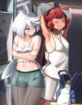  2girls ;) absurdres ahoge arm_under_breasts armpits arms_up bag bangs black_hairband blue_eyes blue_shorts blush breasts camisole changing_room covered_nipples crossed_arms dark-skinned_female dark_skin gaoling_gangqin grey_eyes grey_pantyhose gundam gundam_suisei_no_majo hair_between_eyes hairband highres jacket long_hair looking_at_another looking_back low-tied_long_hair low_ponytail medium_breasts miorine_rembran multiple_girls navel no_bra nose_blush one-piece_tan one_eye_closed pale_skin pantyhose red_hair short_eyebrows short_shorts shorts sideboob small_breasts smile sportswear stomach strap_slip striped striped_pantyhose suletta_mercury tan tank_top tanlines undressing vertical-striped_pantyhose vertical_stripes very_long_hair white_camisole white_hair white_jacket white_shorts white_tank_top 