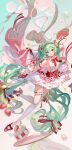  1girl absurdres bangs bow bowtie corset detached_sleeves floating food food-themed_background fruit green_eyes green_hair hair_bow hatsune_miku high_heels highres leg_up long_hair looking_at_viewer musical_note numbered open_mouth outstretched_arms plate puffy_sleeves red_bow red_corset red_footwear rumoon smile solo strawberry strawberry_miku_(morikura) thighhighs twintails vocaloid white_thighhighs 