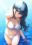  1girl bikini black_hair blue_eyes breasts cleavage commentary_request cowboy_shot head_tilt highres kishinaito large_breasts long_hair looking_at_viewer navel original solo swimsuit thigh_gap wading water white_bikini 