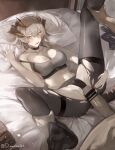  1boy 1girl arknights bar_censor bare_shoulders bed_sheet black_choker black_panties black_pantyhose blush breasts censored choker cleavage clothed_female_nude_male collarbone completely_nude dokuro_deluxe dragon_girl dragon_horns dragon_tail erection grey_hair grinding hetero highres horns large_breasts leg_grab legs_up long_hair looking_at_another lying nail_polish navel no_shoes nude on_back on_bed open_mouth orange_eyes panties pantyhose penis pillow pillow_grab red_nails saria_(arknights) soles solo_focus sports_bra spread_legs steaming_body stomach strap_slip tail thighband_pantyhose torn_pantyhose twitter_username underwear 