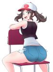  1girl alternate_costume ass baseball_cap black_vest cosplay cutoffs cynthia_(fire_emblem) denim denim_shorts exposed_pocket fire_emblem fire_emblem_awakening hat highres hilda_(pokemon) hilda_(pokemon)_(cosplay) jarckius pokemon shirt short_shorts shorts sleeveless sleeveless_shirt solo tank_top thighs vest white_shirt wristband 