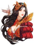  1girl alternate_costume bangs bird black_hair breasts brown_eyes cleavage dove dress final_fantasy final_fantasy_ix garnet_til_alexandros_xvii hair_ornament large_breasts long_hair looking_to_the_side orange_dress ornate_clothes parted_bangs parted_lips portrait solo upper_body vhyrel wavy_hair white_background 
