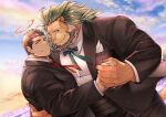  2boys arsalan_(housamo) bara black_hair blurry blurry_background blush brown_eyes cloud cloudy_sky coat collared_coat collared_shirt couple facial_hair furry furry_male green_hair halo holding holding_hands hug looking_at_viewer male_focus manly mature_male multicolored_hair multiple_boys muscular muscular_male one_eye_closed ribbon shirt short_hair sky smile smirk sparkle spiked_hair stubble sunlight sunset teeth thick_arms thick_eyebrows tight tokyo_afterschool_summoners veins veiny_hands wafu_(youzora_samo18) water yaoi yellow_eyes zabaniyya_(housamo) 