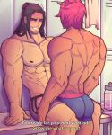  2boys abs animal_ears artist_name ass bara biceps black_hair bottle cat_ears couple feet_out_of_frame gym_shorts highres large_pectorals league_of_legends locker locker_room long_hair looking_at_another male_focus manly mature_male multiple_boys muscular muscular_male nipples pectorals ponytail red_hair sett_(league_of_legends) short_hair shorts signature sylas_(league_of_legends) tan text_focus thick_arms thick_eyebrows thick_thighs thighs tight topless_male towel vylnora yaoi 