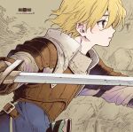  1boy armor blonde_hair blue_shirt brown_gloves chiba_sadoru dated fighting_stance gloves grey_shirt hair_between_eyes highres holding holding_sword holding_weapon leather_armor live_a_live long_sleeves looking_to_the_side male_focus oersted parted_lips red_eyes shirt short_hair shoulder_armor solo sword twitter_username upper_body weapon 