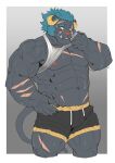  abs absurd_res anthro bodily_fluids bottomwear clothing fur grey_body grey_fur hi_res horn krampus_(housamo) lifewonders ljhal2 male monster muscular muscular_anthro muscular_male nipples pecs scar shorts solo sweat tokyo_afterschool_summoners tusks video_games 