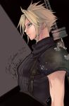  1boy armor belt black_background blonde_hair blue_eyes blue_shirt buster_sword character_name cloud_strife crow_illust earrings final_fantasy final_fantasy_vii final_fantasy_vii_remake grey_background highres jewelry looking_to_the_side male_focus muscular muscular_male shirt short_hair shoulder_armor signature single_earring sleeveless sleeveless_turtleneck solo spiked_hair suspenders turtleneck two-tone_background upper_body weapon weapon_on_back 