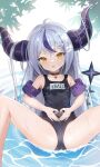  1girl absurdres braid choker french_braid grey_hair heart heart_hands highres hololive horns la+_darknesss long_hair m_legs multicolored_hair one-piece_swimsuit open_mouth purple_hair school_swimsuit solo spread_legs streaked_hair striped_horns swimsuit virtual_youtuber water xxdentera yellow_eyes 