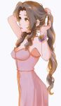  1girl aerith_gainsborough arm_behind_head bangle bangs bare_shoulders black_choker bracelet breasts brown_hair choker cleavage cowboy_shot dress final_fantasy final_fantasy_vii final_fantasy_vii_remake green_eyes hand_in_own_hair highres jewelry long_hair looking_to_the_side medium_breasts parted_bangs pink_dress ponytail sidelocks softp3ach solo spaghetti_strap wavy_hair white_background 