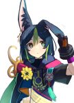  1boy :o animal_ears black_gloves black_hair blue_hair ear_piercing flower fox_boy fox_ears genshin_impact gloves gradient_hair green_eyes green_hair hair_between_eyes hand_on_ear highres jqpz_30 male_focus medal multicolored_clothes multicolored_gloves multicolored_hair orange_gloves parted_lips piercing short_sleeves simple_background solo streaked_hair tassel tighnari_(genshin_impact) upper_body white_background yellow_flower 