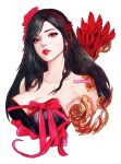  1girl alternate_costume artist_name black_dress black_hair bow breasts cleavage collarbone cropped_torso dress earrings final_fantasy final_fantasy_vii flower hair_flower hair_ornament hairband jewelry large_breasts long_hair looking_at_viewer parted_lips red_bow red_eyes red_hairband red_lips red_ribbon ribbon sideboob solo strapless strapless_dress tifa_lockhart upper_body vhyrel white_background 