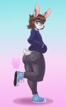  absurd_res anthro bottomwear butt clothed clothing denim denim_clothing eyewear girly glasses hair hi_res jeans lagomorph leporid male mammal pants rabbit smile solo srmko thick_thighs 