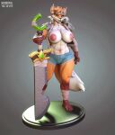  2022 3d_(artwork) 3d_animation abs animated anthro barefoot big_sword blue_eyes bottomwear breasts butt canid canine clothing cutoffs denim denim_clothing digital_media_(artwork) ecrivl feet female fox fur holding_object holding_weapon mammal melee_weapon multiple_images muscular muscular_anthro muscular_female muscular_legs nipples orange_body orange_fur shorts solo sword turntable_(animation) vela weapon 